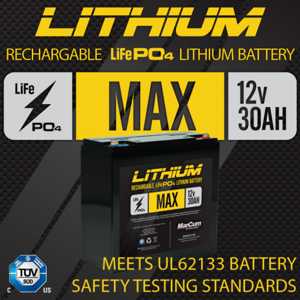 MARCUM, Marcum Max Lithium 12V 30AH LIFEPO4 Battery and 6AMP Charger Kit